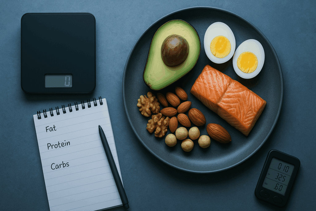 Top-down view of a strict ketogenic meal with salmon, avocado, eggs, and nuts beside a food scale and macro tracker, illustrating What Is the Strictest Diet.
