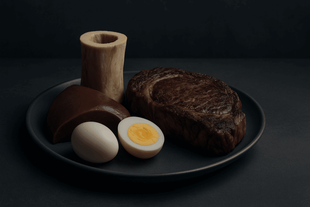 Plate of steak, liver, eggs, and bone marrow representing What Is the Strictest Diet with zero-carb animal-based foods only