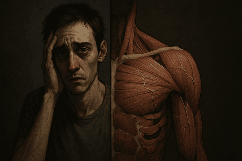 Split-scene concept illustrating What Is the Strictest Diet by showing emotional distress and muscle breakdown from extreme dieting.
