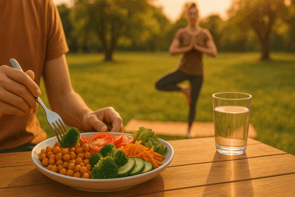 Person eating a colorful whole-food meal outdoors with yoga in the background, symbolizing alternatives to What Is the Strictest Diet.