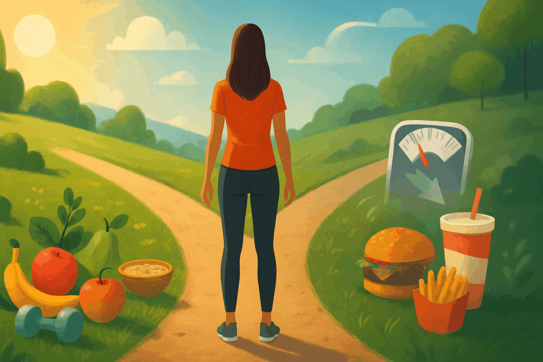 Woman at a fork in the road choosing between fast food and healthy habits, symbolizing a good calorie deficit for weight loss
