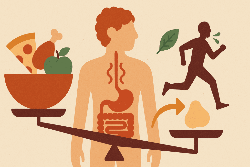 Scientific illustration showing how a good calorie deficit for weight loss works, with food intake balanced against energy used by metabolism and exercise