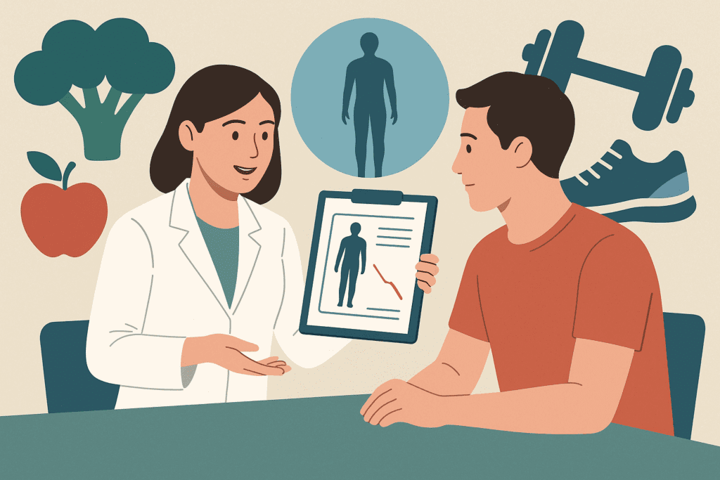 Nutritionist consulting a client with a body scan chart, healthy foods, and fitness symbols in background, illustrating a good calorie deficit for weight loss.