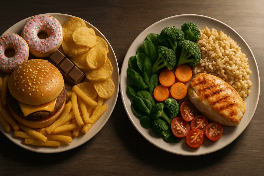 Side-by-side comparison of ultra-processed foods and whole foods on two plates, highlighting a good calorie deficit for weight loss