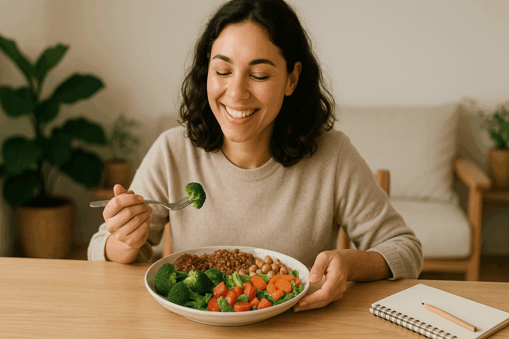 Woman smiling while eating a colorful, balanced meal at a table, representing a good calorie deficit for weight loss in a mindful, sustainable way.