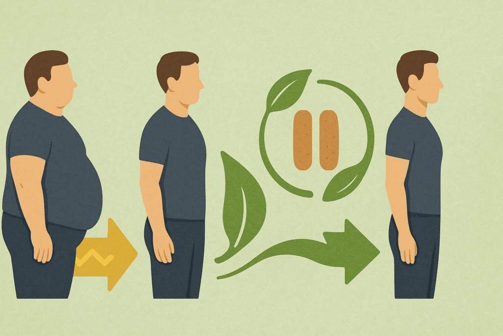 Visual infographic showing body transformation across three stages with natural symbols illustrating metabolic adaptation and a good calorie deficit for weight loss