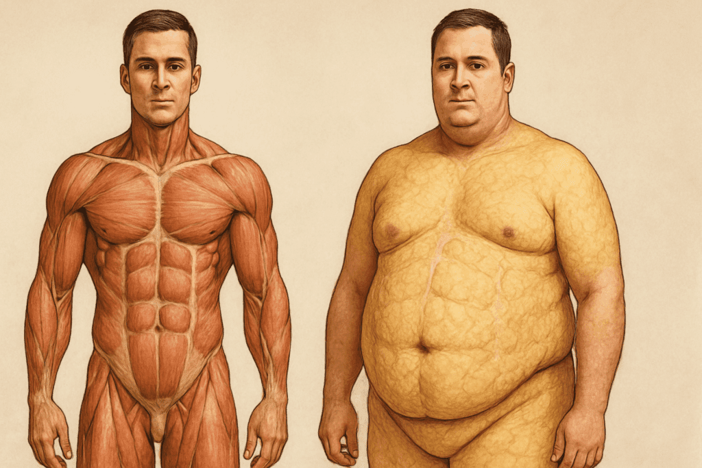 Comparison of two men with similar size but different body compositions to illustrate how a good calorie deficit for weight loss preserves muscle and reduces fat.