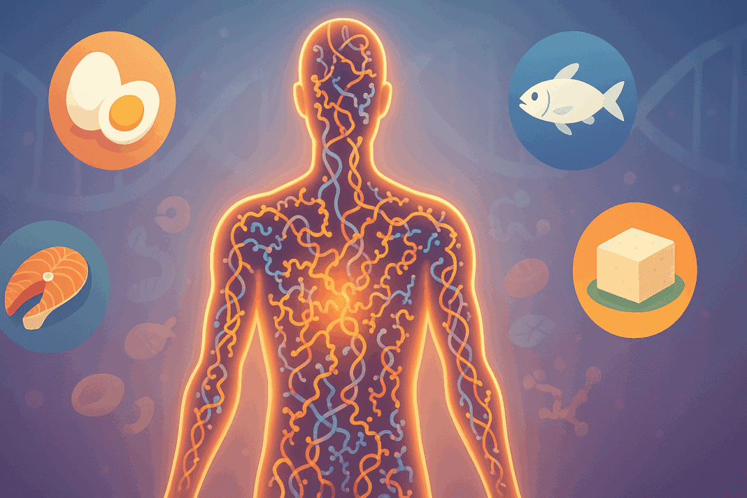 Conceptual illustration showing a glowing human body made of protein strands and amino acids, with healthy foods like eggs, fish, tofu, and salmon orbiting it—visually answering why is protein important for your health.