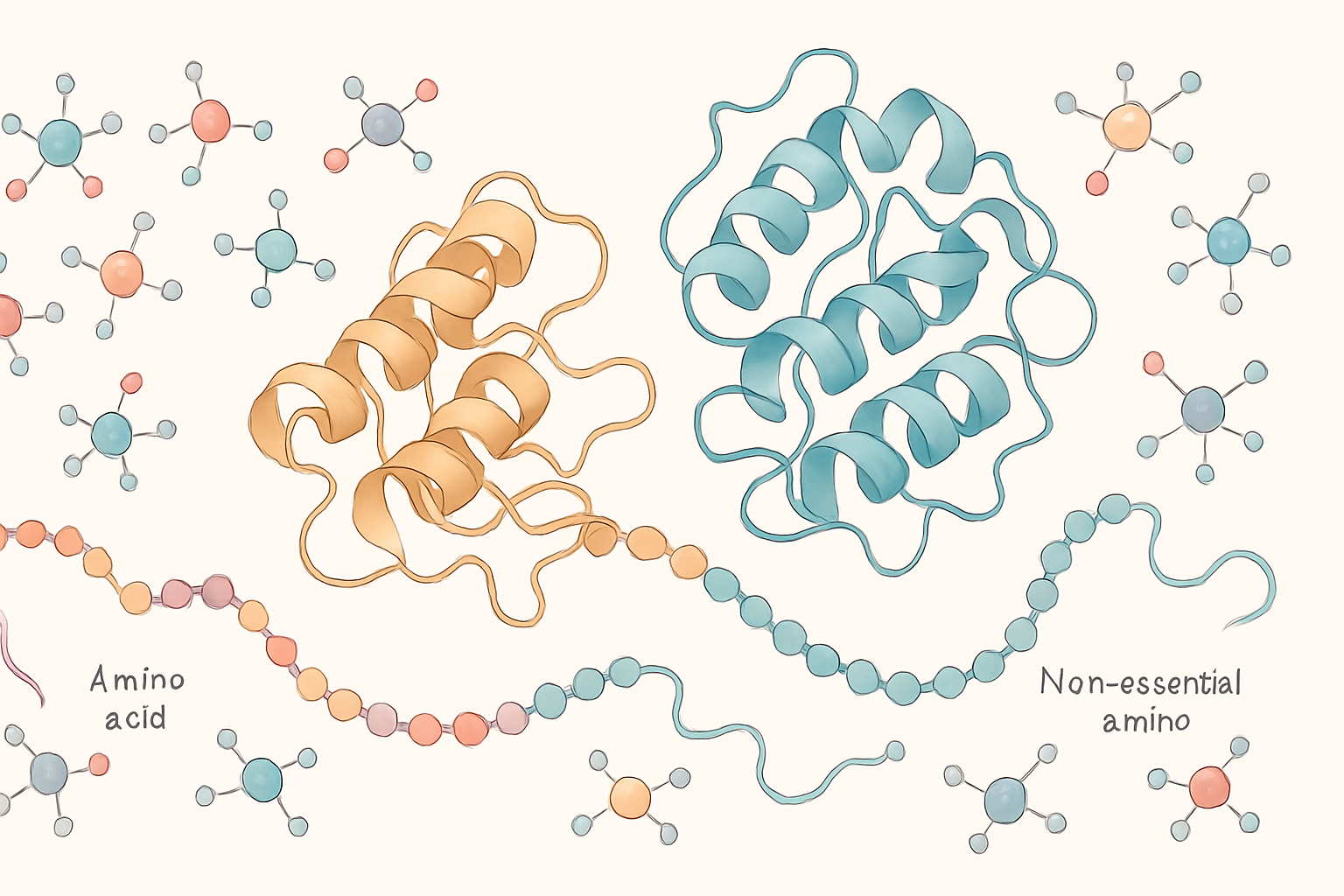3D biomedical illustration of protein structures forming from amino acid chains, showing essential and non-essential amino acids, explaining why protein is important for your health.