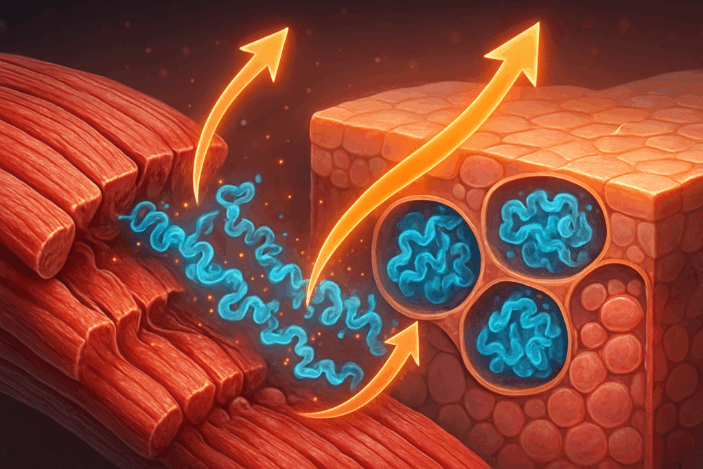 Protein structures repairing muscle fibers and skin cells at the microscopic level, illustrating why protein is important for your health.