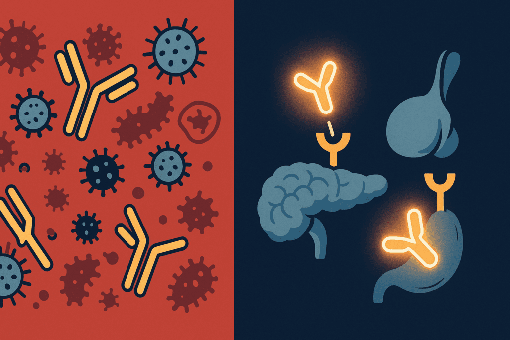 Antibodies neutralizing pathogens and glowing hormones interacting with organs, illustrating why protein is important for your health through immune defense and hormonal regulation.