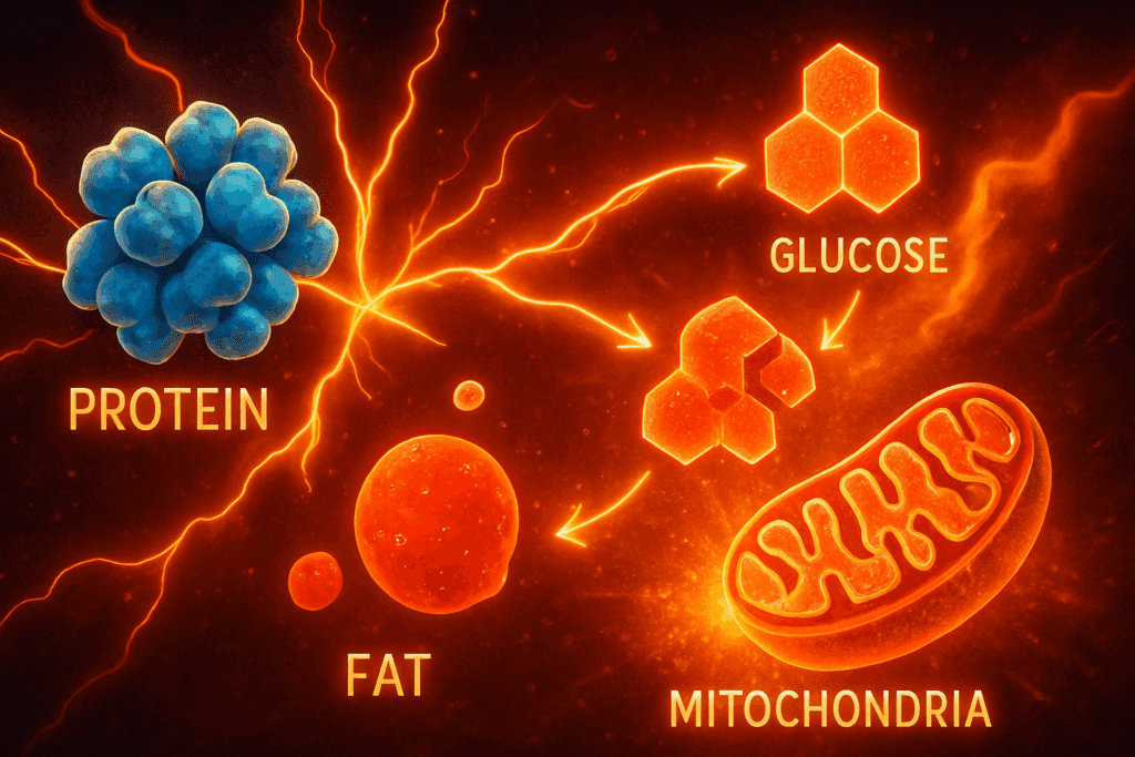 Cellular illustration showing protein molecules converting into glucose via gluconeogenesis, with mitochondria and fat metabolism visualized to explain why is protein important for your health.