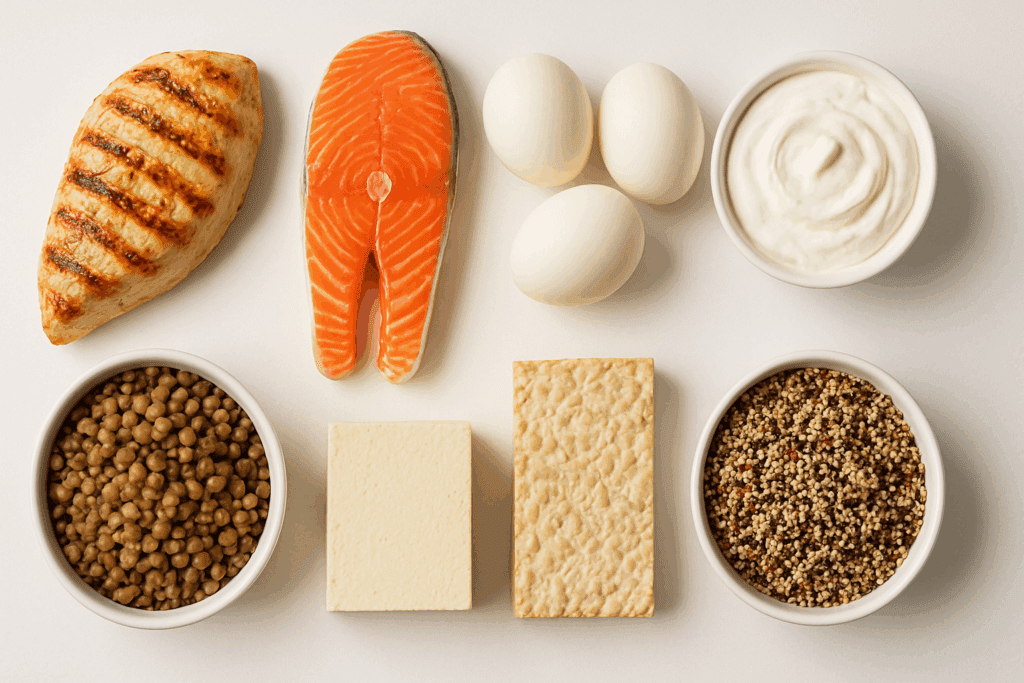 Animal and plant-based protein foods including grilled chicken, salmon, eggs, yogurt, lentils, tofu, tempeh, and quinoa, highlighting dietary variety in explaining why is protein important for your health