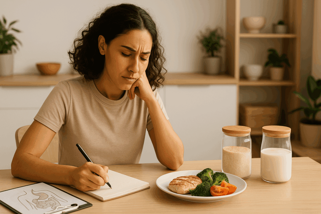 Young woman journaling about food intolerance while sitting at a table with a healthy meal, milk, and flour jars in a modern kitchen.