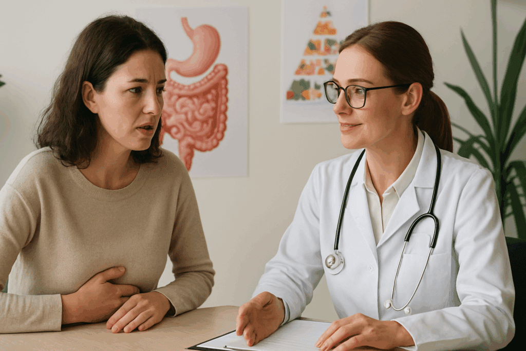 Patient discussing food intolerance symptoms with a healthcare provider in a clinical setting focused on gut health and dietary concerns.