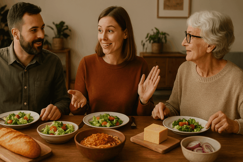 Family dinner scene where a smiling woman explains her food intolerance while politely declining a shared dish.