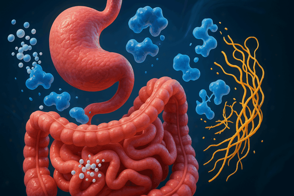 3D rendering of the human digestive system showing enzyme activity and undigested dairy and gluten molecules to illustrate food intolerance