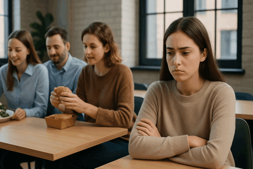 Woman with food intolerance sitting alone at cafeteria table while coworkers eat together nearby