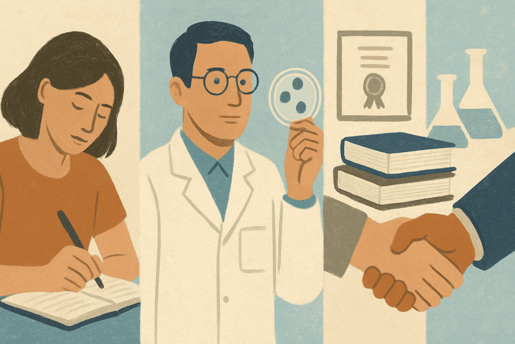 Collage illustration symbolizing EEAT principles with a person journaling, a scientist, academic credentials, and a handshake—conceptual link to trust in food intolerance information.