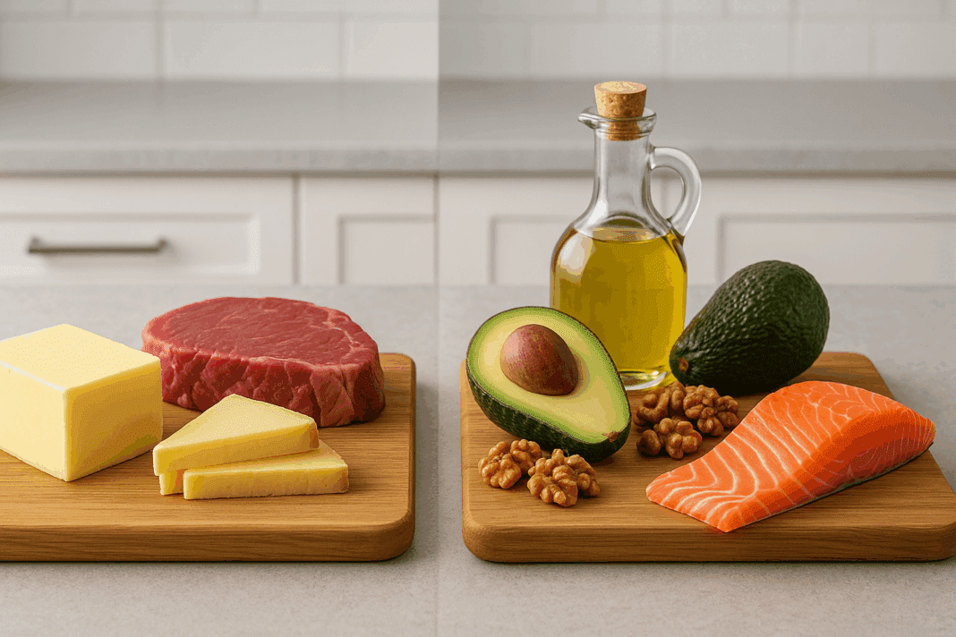Visual comparison of saturated vs unsaturated fat with butter, red meat, and cheese on one side, and avocado, olive oil, walnuts, and salmon on the other, displayed in a modern kitchen.