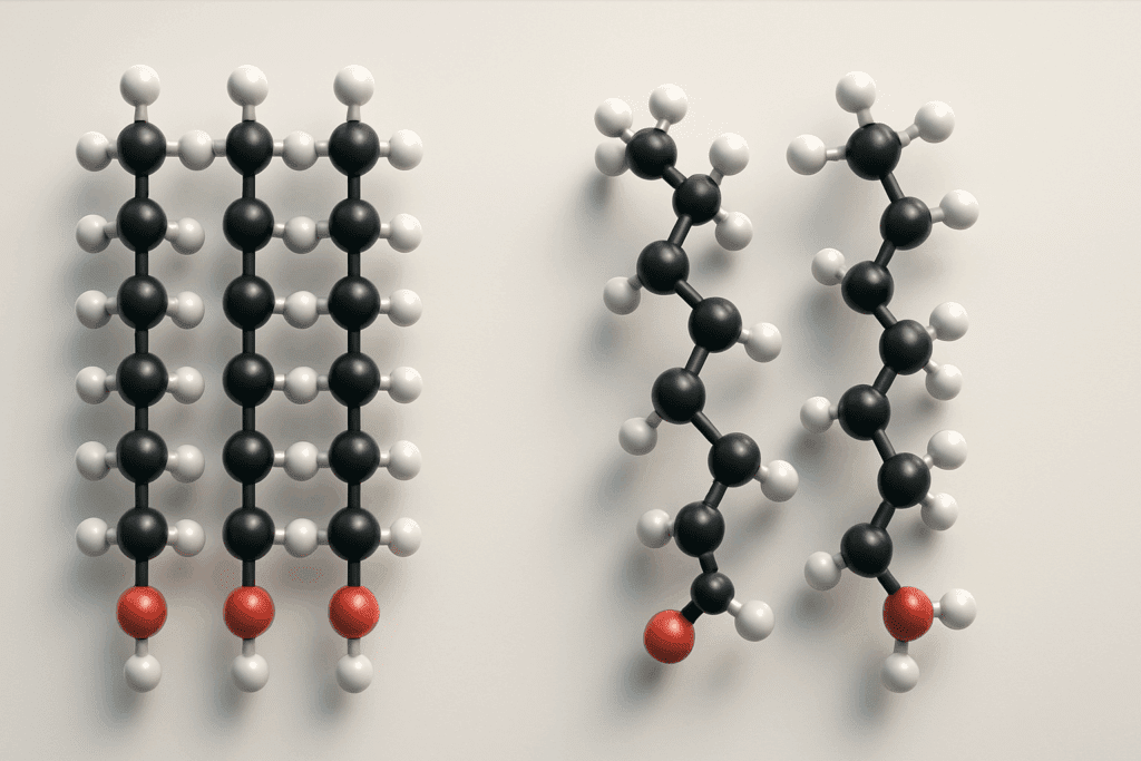 3D molecular diagram showing saturated vs unsaturated fat structures, with straight saturated fat chains and kinked unsaturated fat chains due to double bonds.