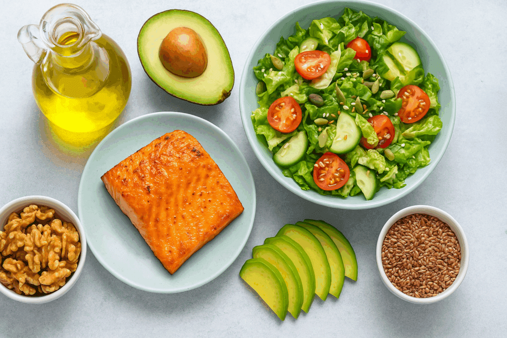 Top-down view of a Mediterranean meal rich in unsaturated fats, visually illustrating saturated vs unsaturated fat with salmon, avocado, olive oil, walnuts, flaxseeds, and a fresh salad.