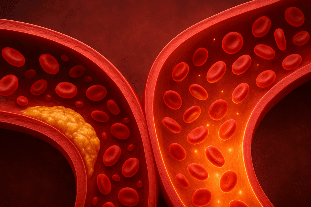 Cross-section of an artery comparing effects of saturated vs unsaturated fat, showing plaque buildup on one side and clear blood flow on the other.
