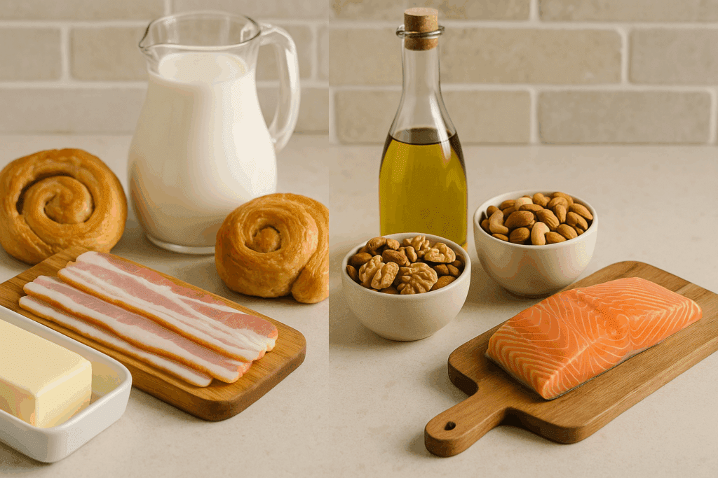 Split-screen kitchen counter showing saturated vs unsaturated fat foods, including butter, bacon, milk, pastries, olive oil, nuts, seeds, and salmon.