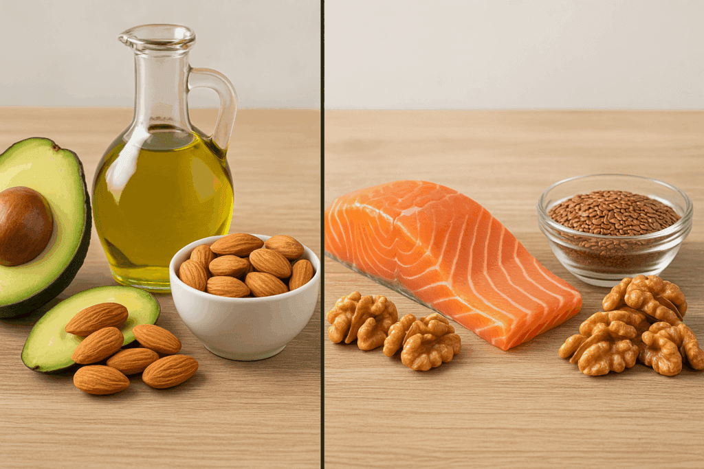 Foods high in monounsaturated and polyunsaturated fats displayed side by side on a wooden surface, illustrating saturated vs unsaturated fat differences without text.
