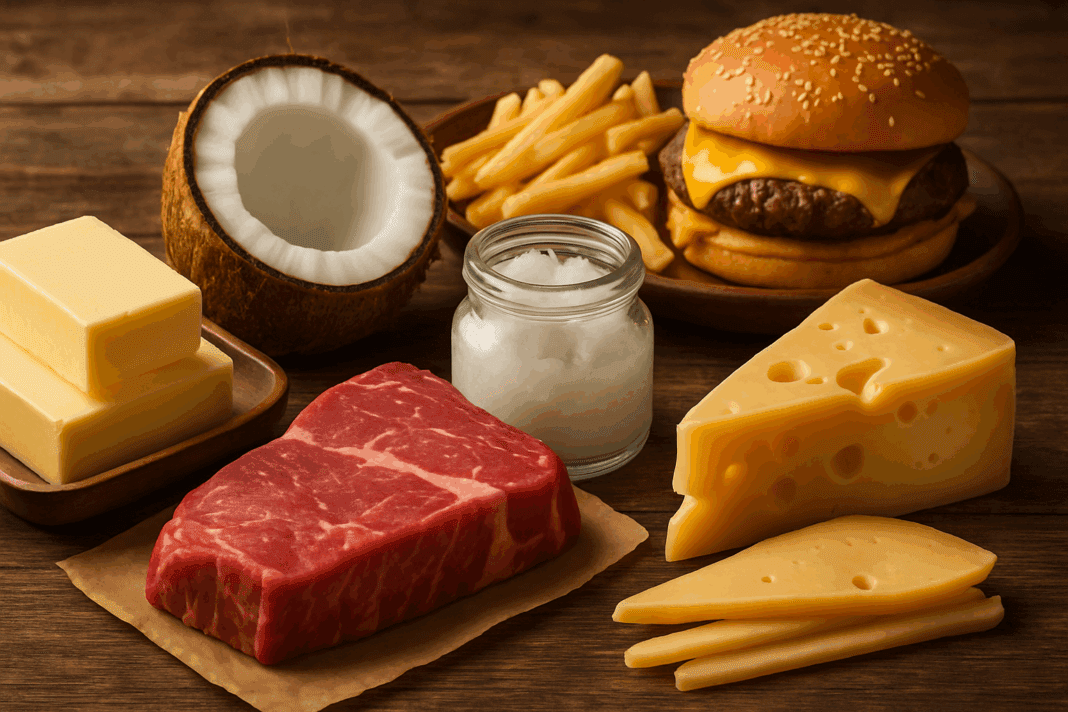 Butter, red meat, coconut oil, cheese, and fast food on a wooden table illustrating what foods contain saturated fat.