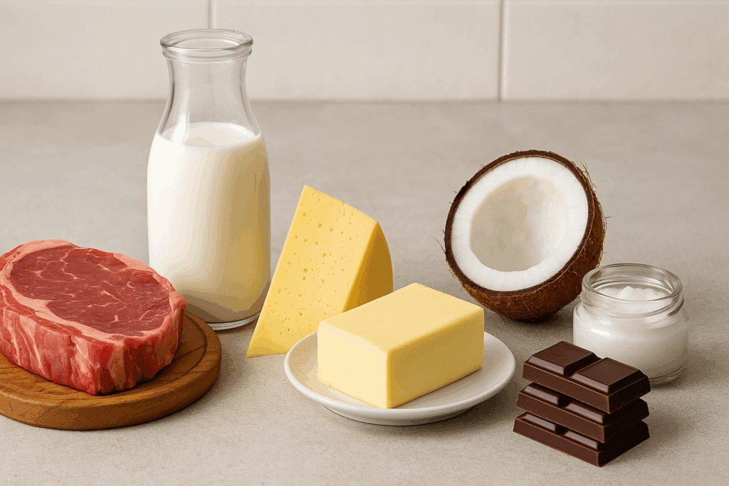 Red meat, whole milk, cheese, butter, coconut oil, and dark chocolate on a kitchen counter, showing what foods contain saturated fat.