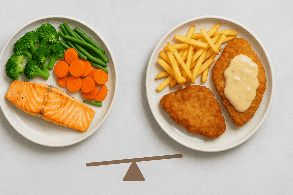Split plate comparison showing what foods contain saturated fat, with grilled salmon and vegetables on one side and fried chicken, fries, and creamy sauce on the other.