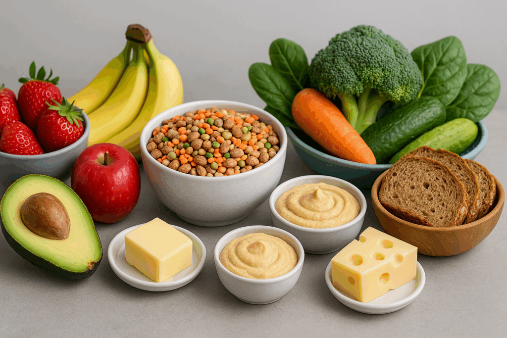 Fresh fruits, vegetables, legumes, avocado, hummus, and whole grains arranged beside butter and cheese, highlighting healthy substitutes for what foods contain saturated fat.