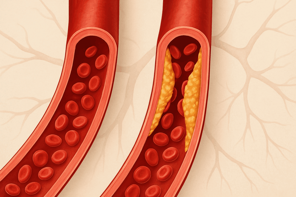 Cross-section of arteries showing how plaque from what foods contain saturated fat can block healthy blood flow