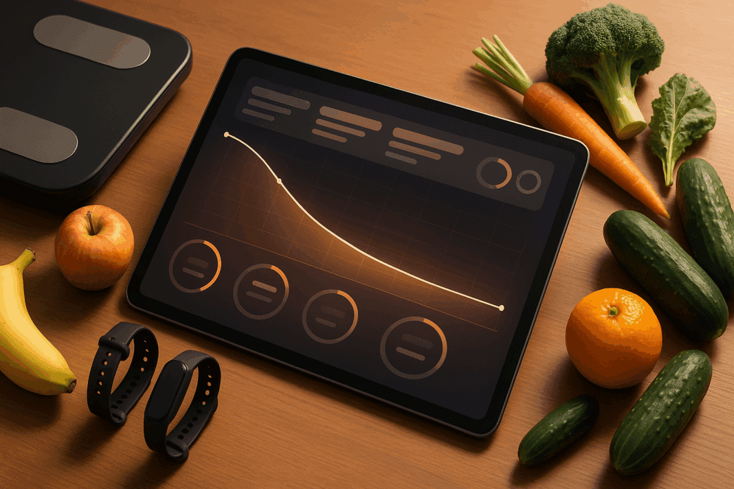Tablet screen displaying a weight loss simulator dashboard with progress charts, surrounded by smart scale, fruits, vegetables, and fitness trackers.