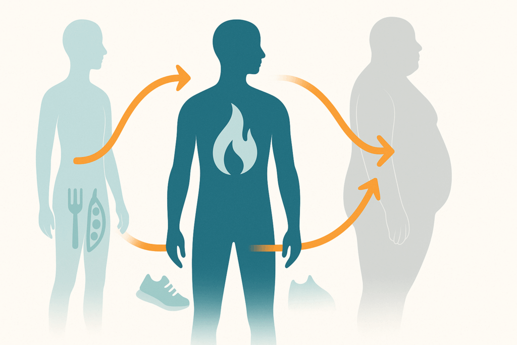 Abstract human figures showing metabolism and energy flow in a weight loss simulator concept illustration.