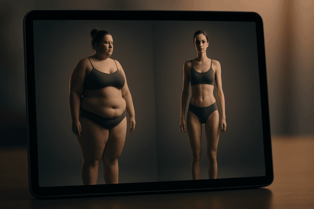 Realistic weight loss simulator showing virtual body transformation from higher to lower weight on a digital screen with soft lighting.