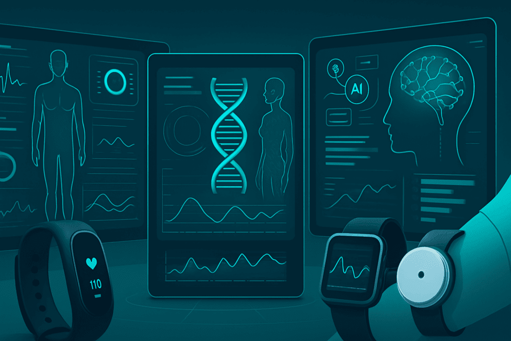 Futuristic digital interface showing a weight loss simulator with AI-driven health insights, wearable fitness trackers, and genetic data visualization.