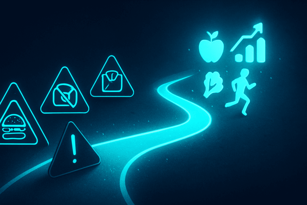 Glowing digital path bypassing obstacles like fast food and scale anxiety, symbolizing smart choices and consistency in a weight loss simulator journey.