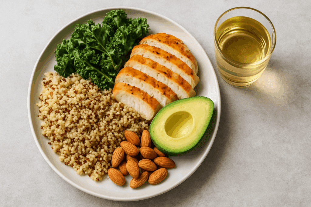 Balanced meal plate with grilled chicken, quinoa, avocado, kale, almonds, and green tea, representing the Best Diet Plan for Weight Loss in Men.
