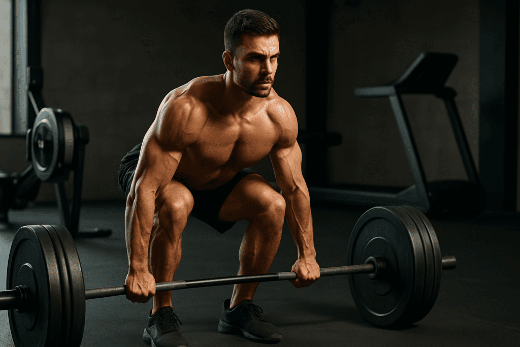 Fit man performing a deadlift in a gym with cardio equipment in the background, promoting the best diet plan for weight loss in men.