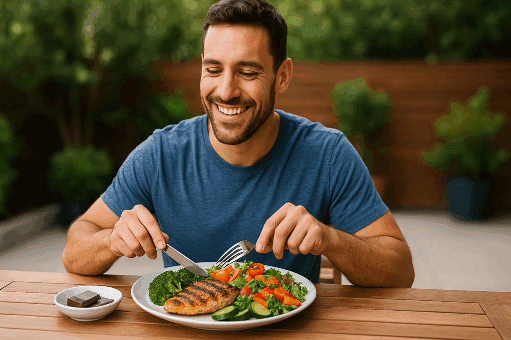 Cheerful man enjoying a balanced outdoor meal with grilled chicken, vegetables, and dark chocolate as part of the Best Diet Plan for Weight Loss in Men