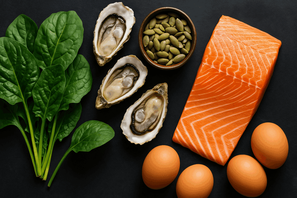 Testosterone-boosting foods including oysters, leafy greens, pumpkin seeds, salmon, and eggs arranged for the best diet plan for weight loss in men.