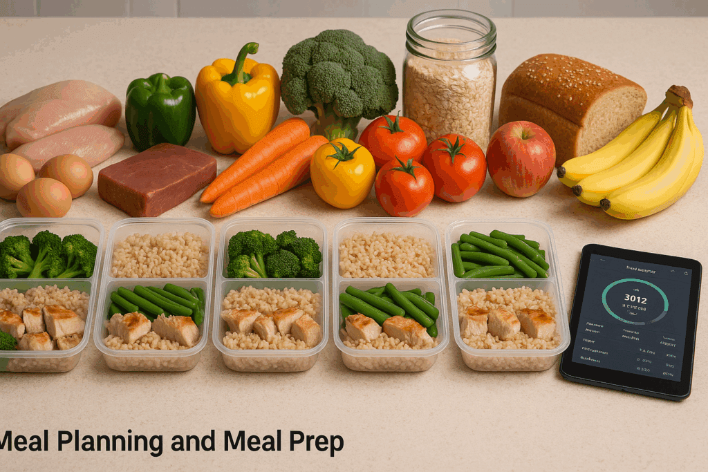 Meal prep containers with lean proteins, vegetables, and grains organized on a kitchen counter, illustrating the Best Diet Plan for Weight Loss in Men.