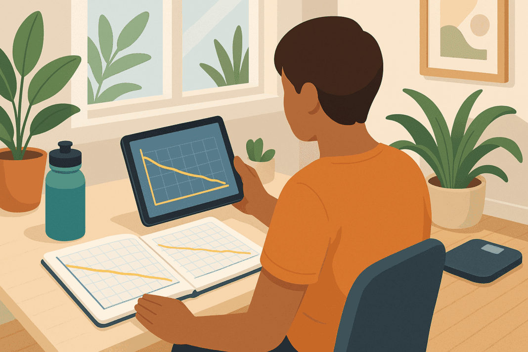 Person reviewing a digital weight loss chart on a tablet and a paper weight loss chart at a modern desk with plants and fitness items nearby