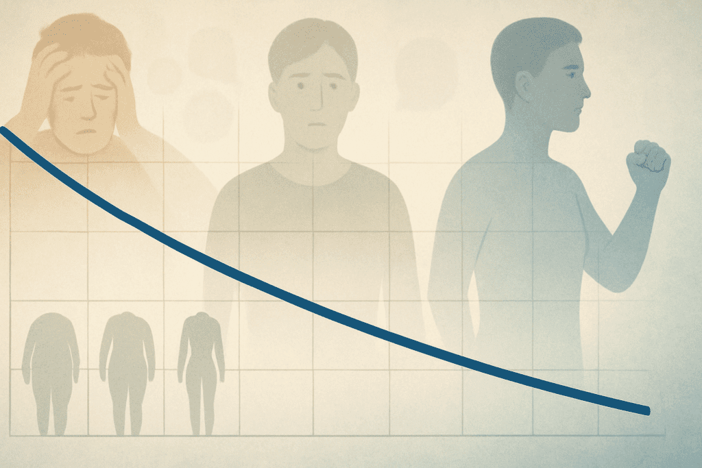 Conceptual weight loss chart showing a downward trend over time with emotional silhouettes representing stress, motivation, and determination