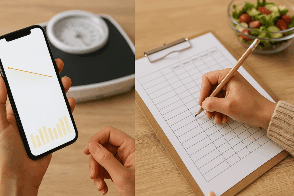 Person using a weight loss chart on a clipboard next to a smartphone showing a digital progress tracker, highlighting traditional versus app-based methods.