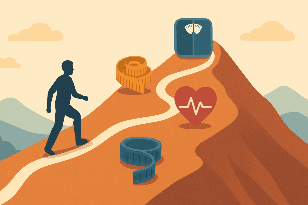 Metaphorical weight loss chart illustrated as a mountain trail with a person climbing past goal markers like scales, tape measures, and heart icons