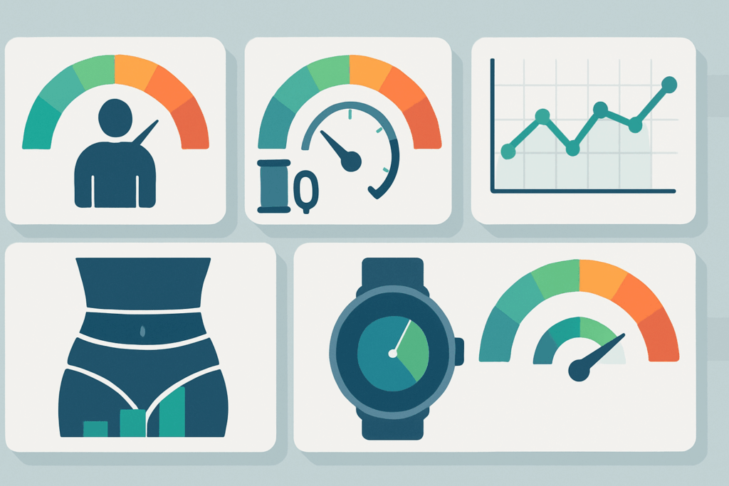 Digital dashboard visualizing health metrics like BMI, blood pressure, and body fat alongside a weight loss chart-style gauge display