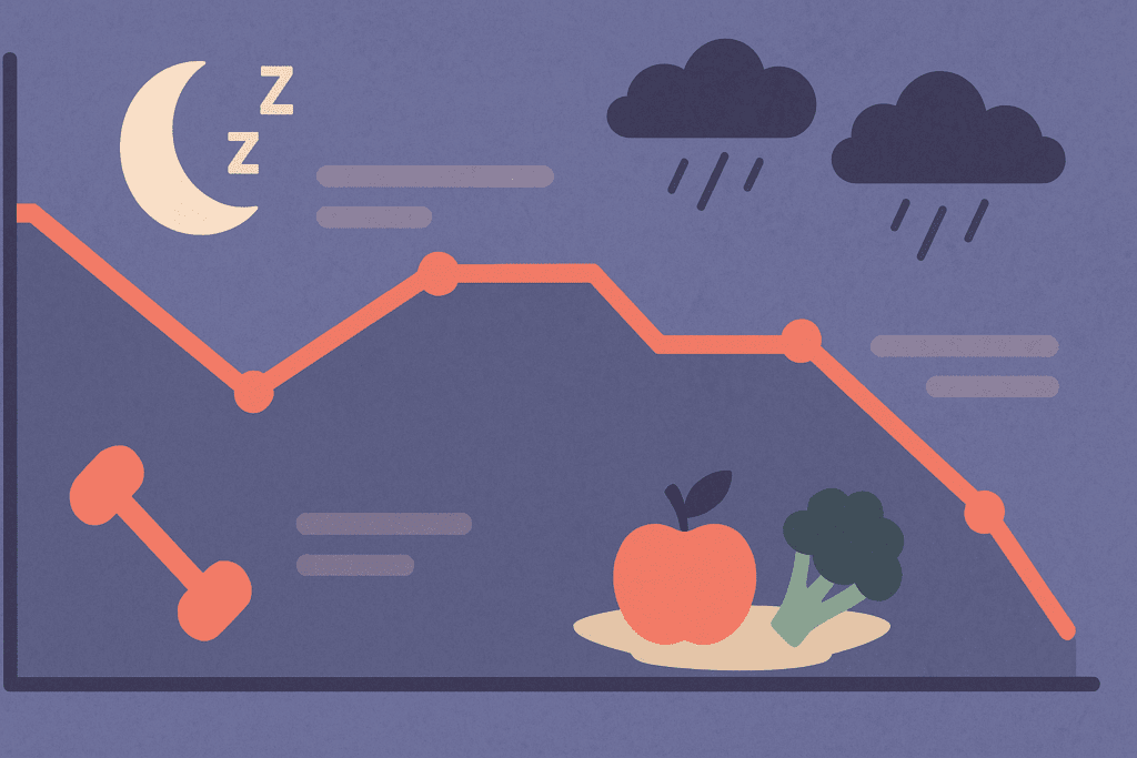 Stylized weight loss chart with a plateau in the middle, surrounded by icons of a dumbbell, sleep moon, stress clouds, and healthy food suggesting lifestyle factors.